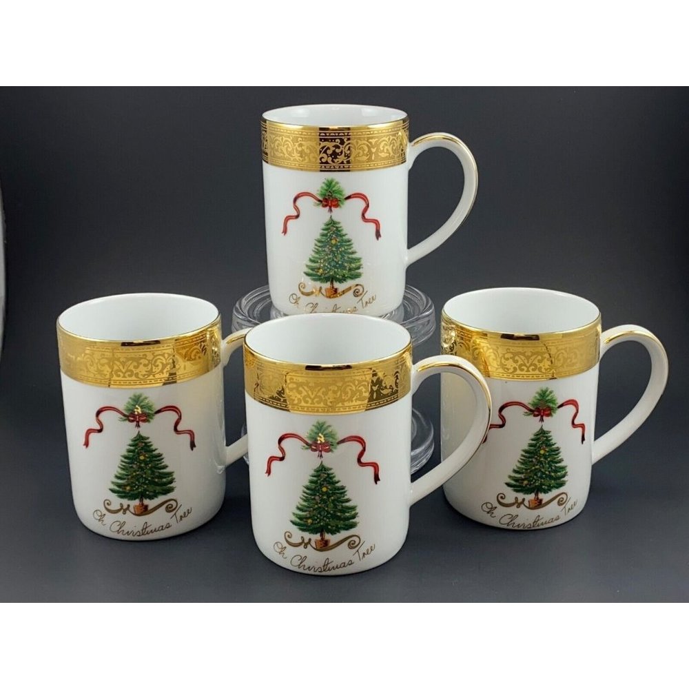 Muirfield Magnificence - Oh Christmas Tree Mugs - Set Of 4 Gilt Gold 9136 SCARCE